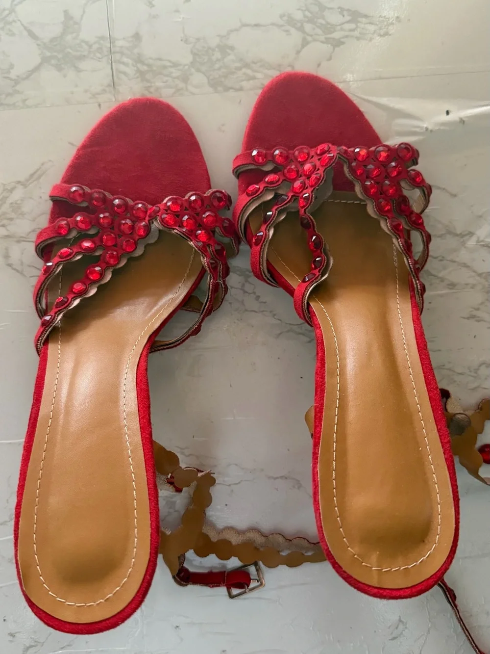 Women's Red Jeweled Lace-Up Sandals